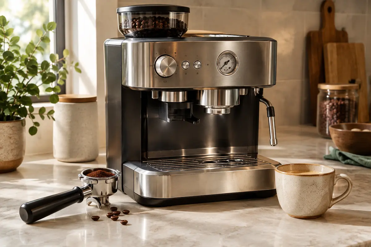 Machine expresso semi-automatique avec porte-filtre et moulin intégré