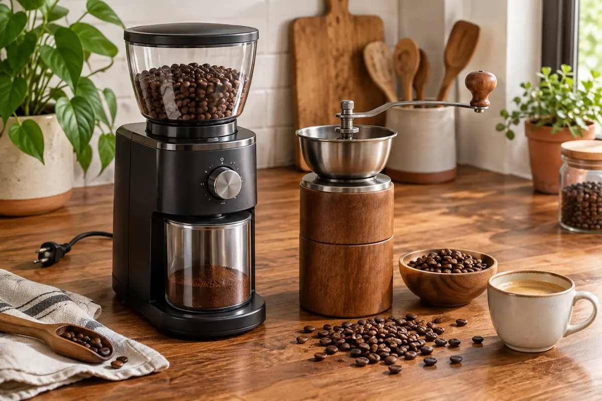 Moulins à café électriques et manuel disposés avec des grains sur un comptoir