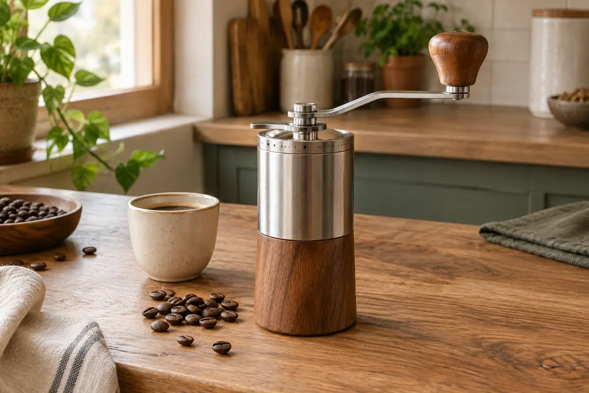 Moulin à café manuel en métal et bois posé avec une tasse et des grains