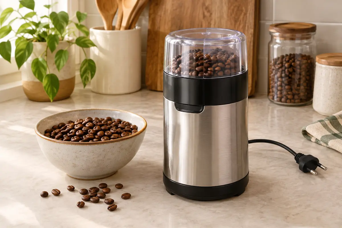 Petit moulin électrique à lames posé près d’un bol de grains de café