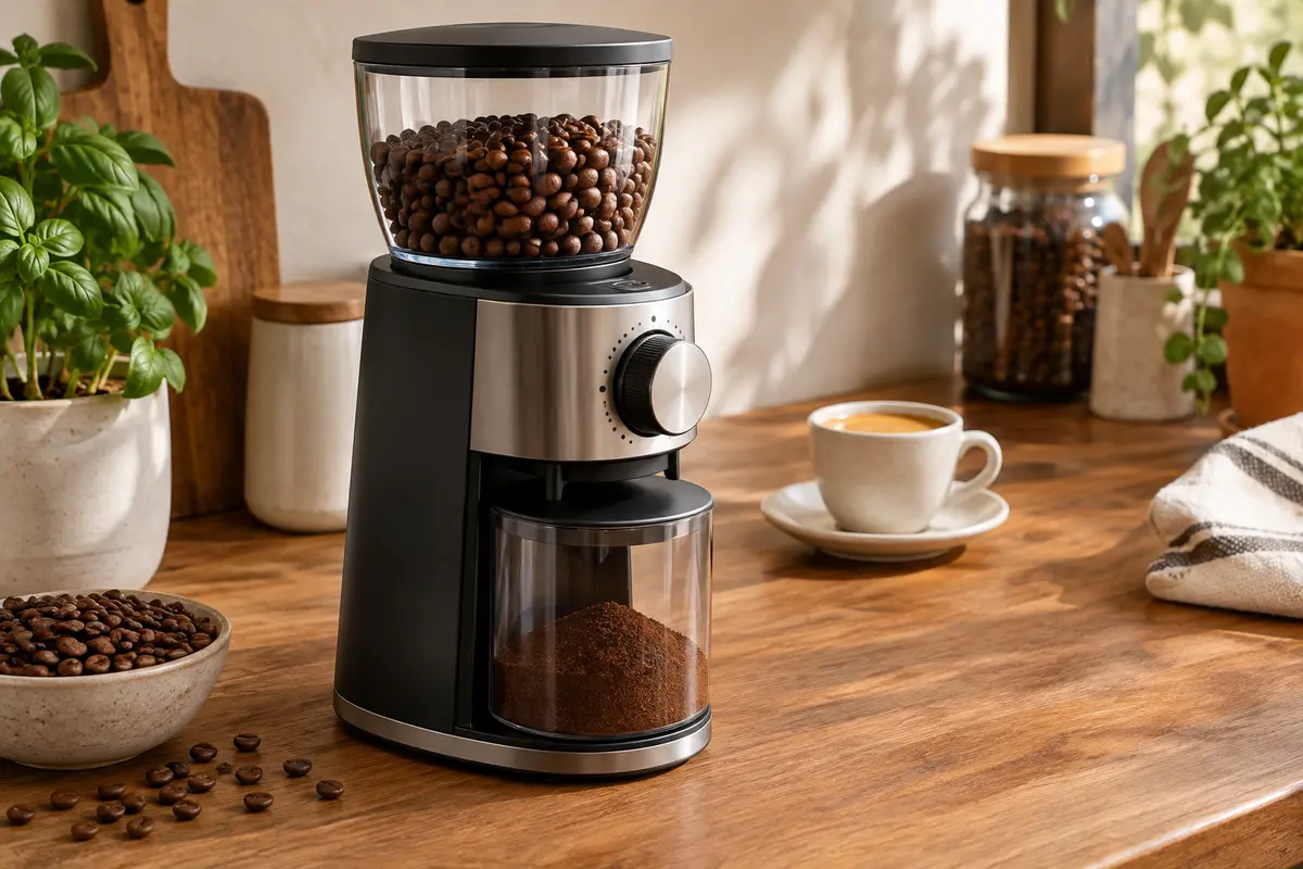 Moulin à café électrique à meules réglables avec quelques grains de café