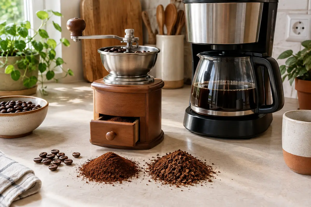 Moulin à café et deux moutures, l’une fine et l’autre grossière, comparées sur un plan de travail