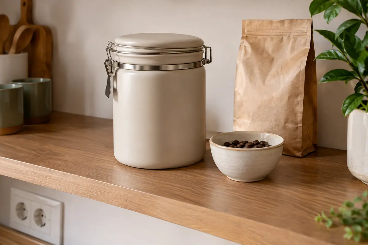 Boîte opaque fermée contenant du café en grains, rangée à l’abri de la lumière sur une étagère sèche.