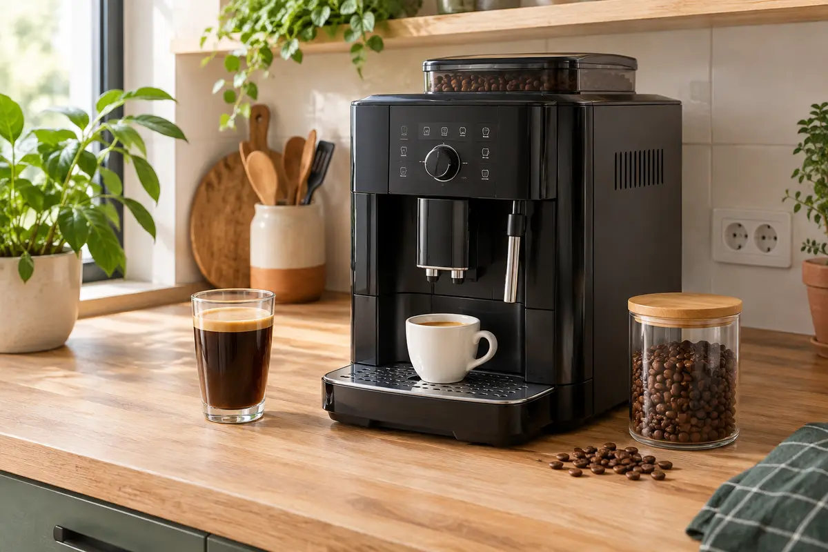 Machine expresso automatique avec une tasse d’expresso, un café long et des grains de café sur un plan de travail