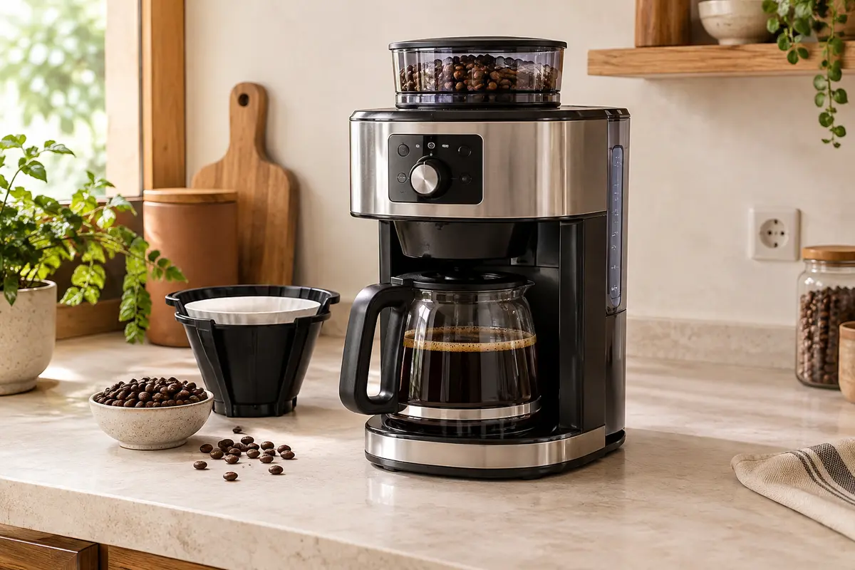 Cafetière filtre avec broyeur intégré et verseuse remplie de café sur un plan de travail clair