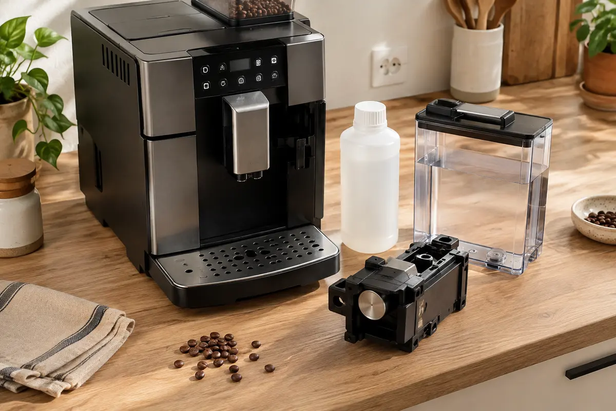 Machine à café à grain, détartrant sans étiquette et groupe café amovible réunis pour illustrer l’entretien.