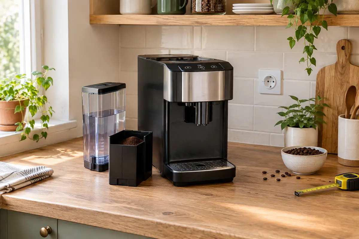 Machine à café à grain compacte sur un petit plan de travail, avec son réservoir et son bac à marc accessibles.
