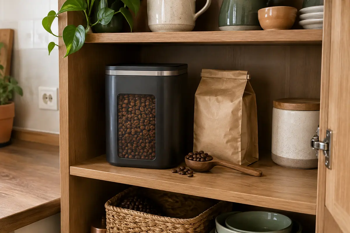 Boîte hermétique de café en grains rangée dans un placard sec, à l’abri de la lumière et de la chaleur