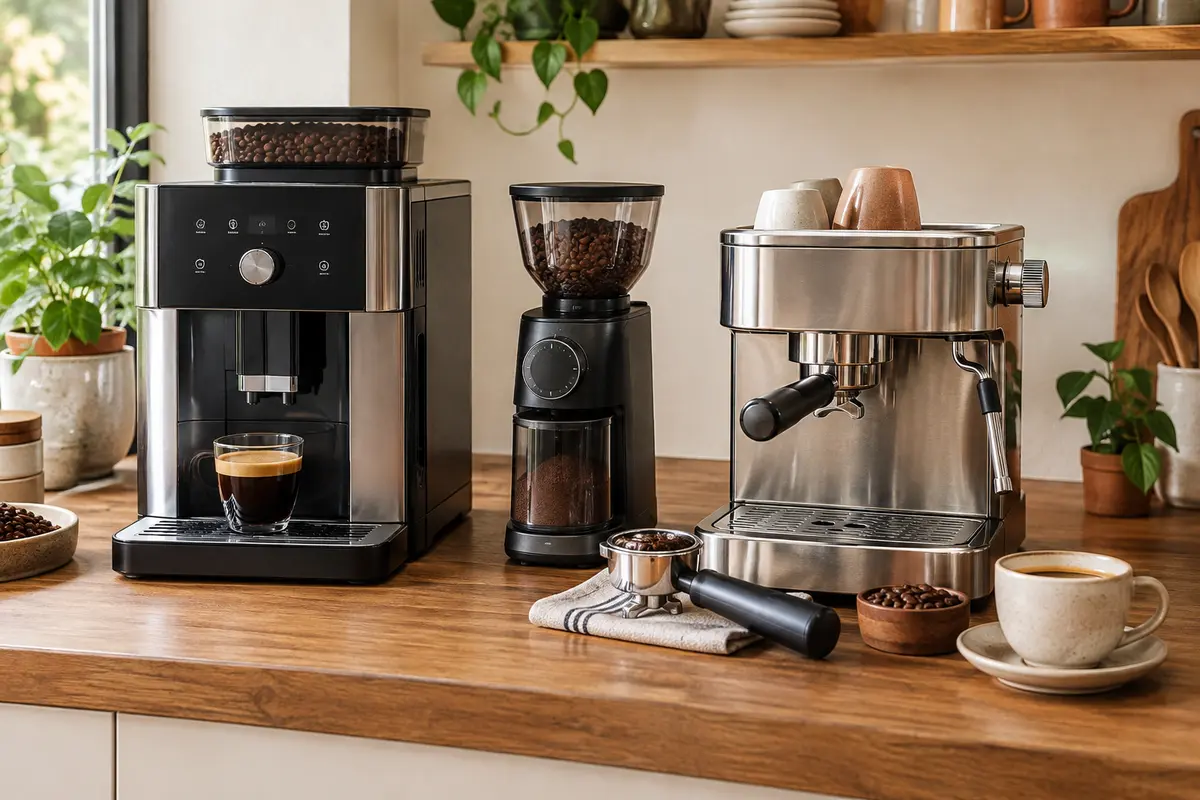 Machines expresso automatique et semi-automatique côte à côte sur un plan de travail de cuisine
