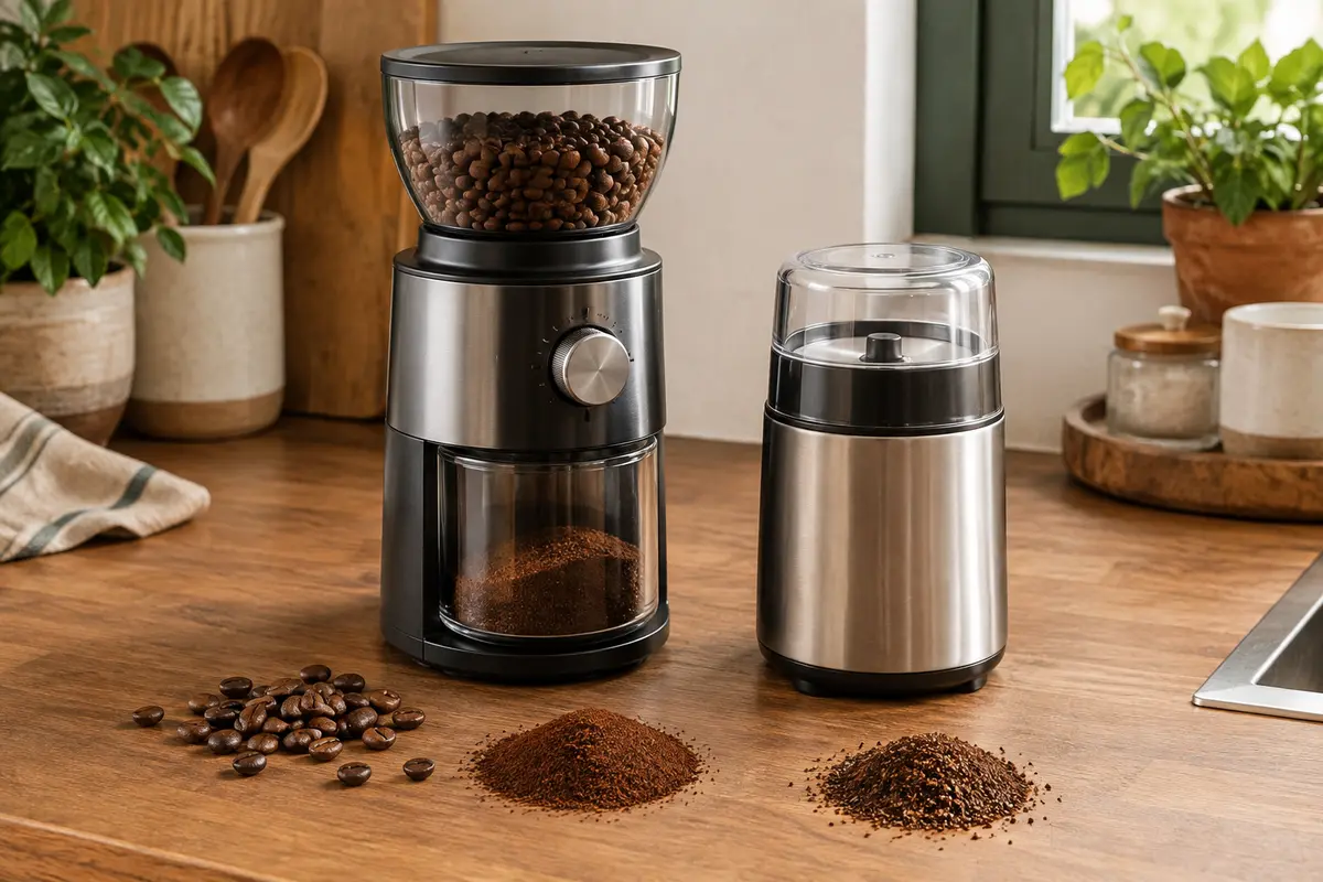 Deux moulins électriques à café, à meules et à lames, avec des grains entiers et des moutures comparées
