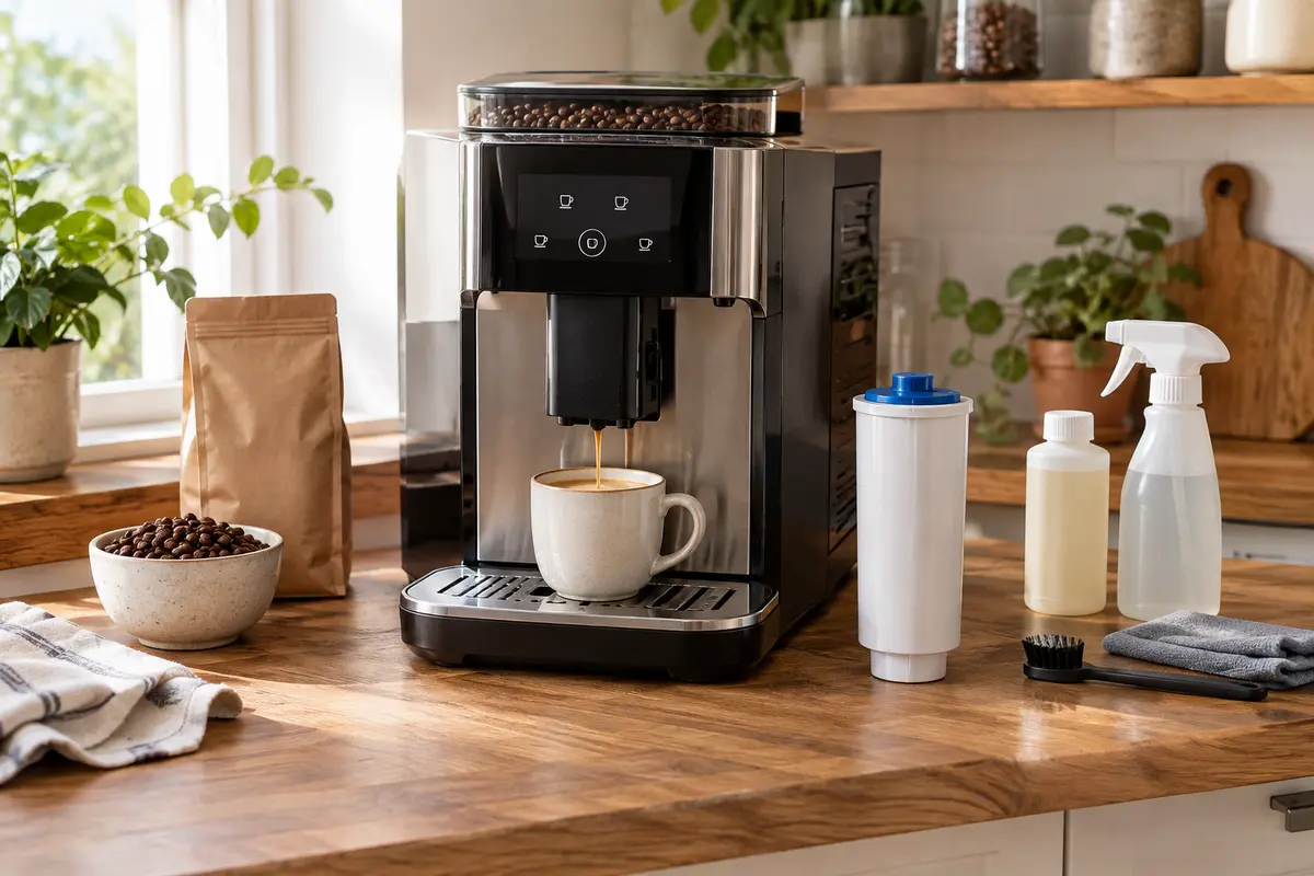 Machine à café à grain entourée de grains, d’un filtre à eau et de produits d’entretien