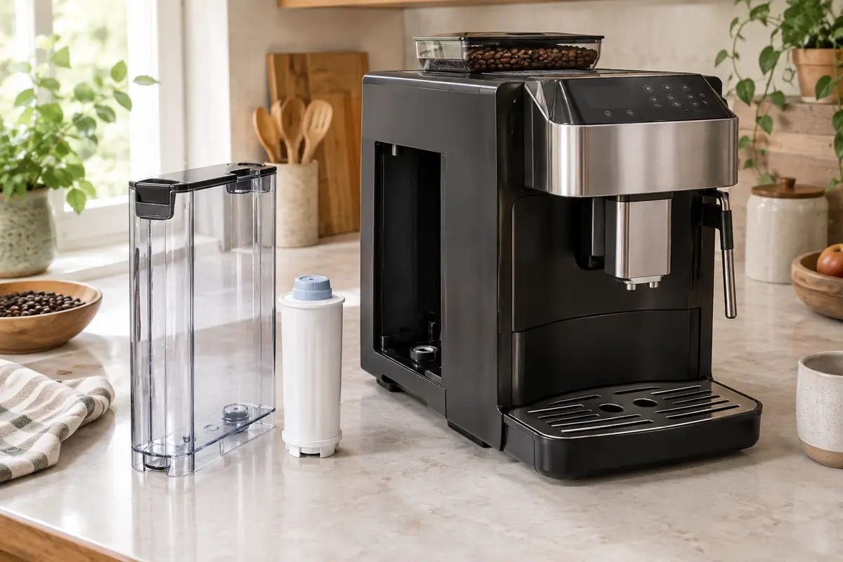 Réservoir d’une machine à café à grain et cartouche filtrante posés sur un plan de cuisine