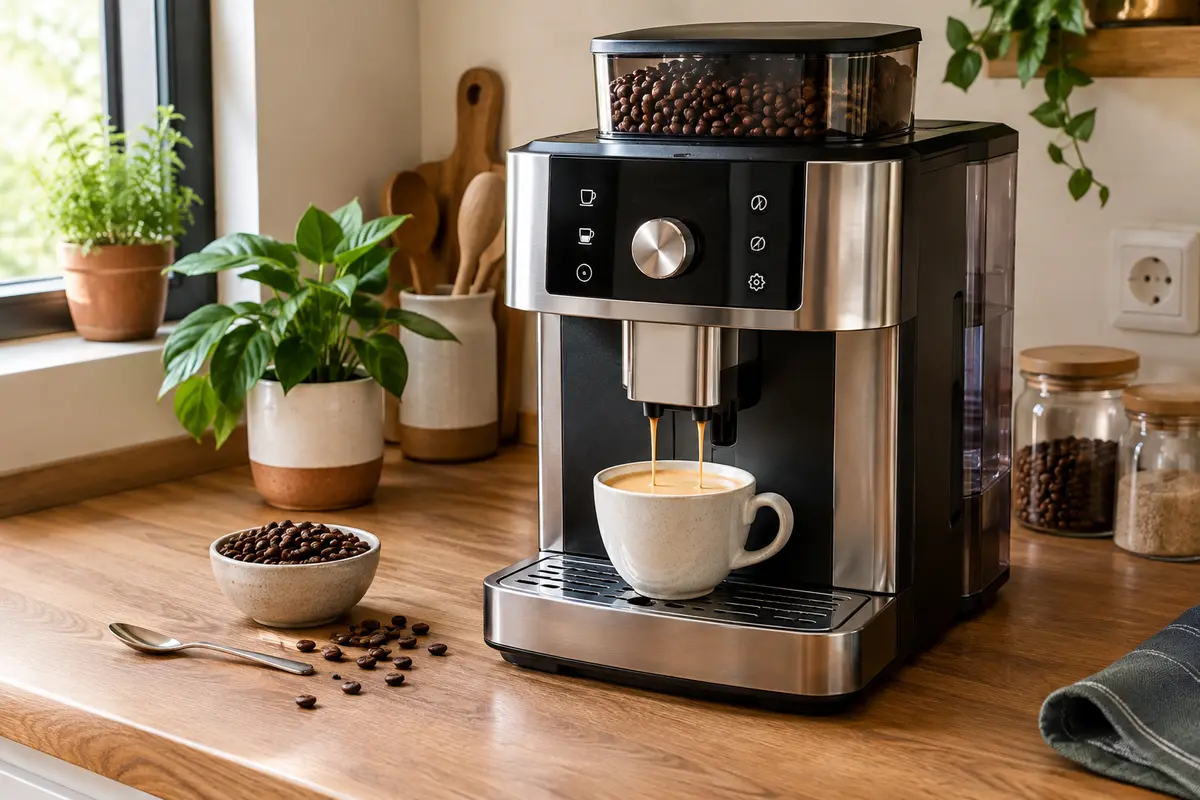 Machine à café à grain et tasse de café léger sur un plan de travail, avec des grains à proximité