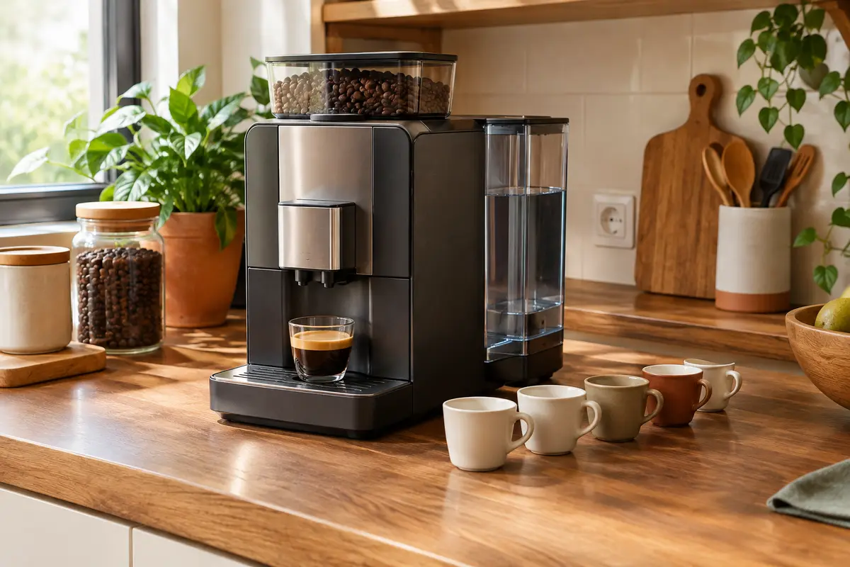Machine à café à grain sur un plan de travail avec plusieurs tasses prêtes pour le service