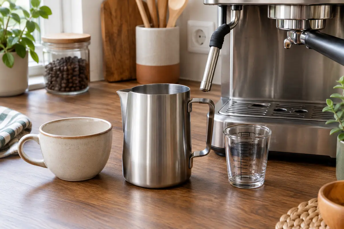 Pichet à lait en inox posé près d’une machine expresso et de sa buse vapeur