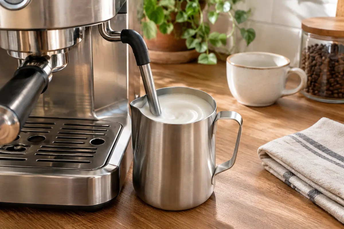 Buse vapeur texturant du lait dans un pichet en inox près d’une machine expresso domestique