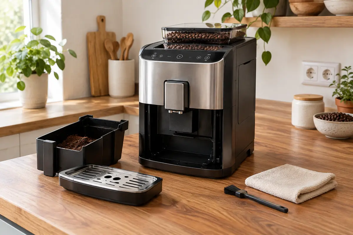 Machine à café à grain avec bac à marc et plateau d’égouttage retirés pour le nettoyage courant