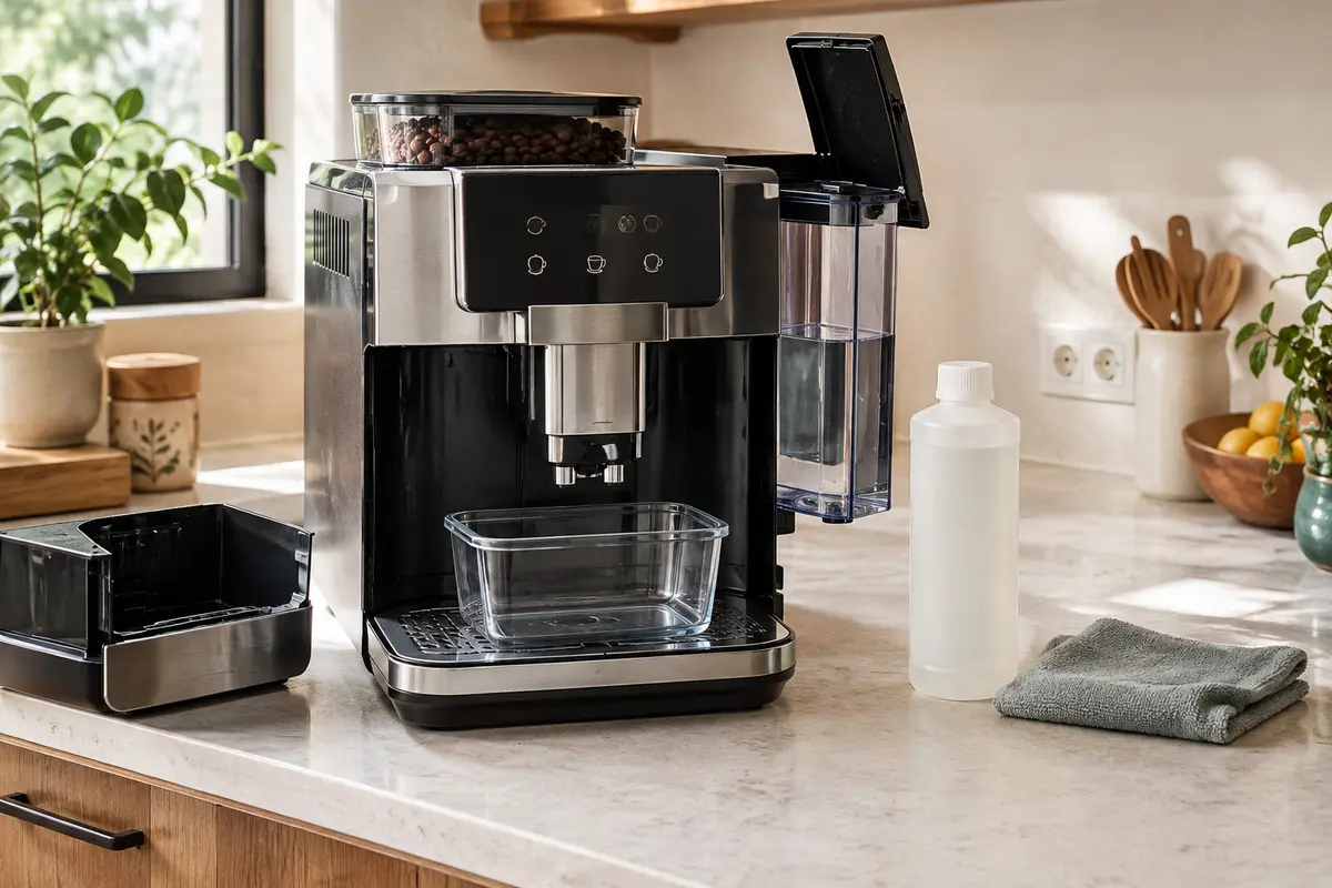 Machine à café à grain préparée pour un détartrage, avec un récipient sous les buses et un produit d’entretien.