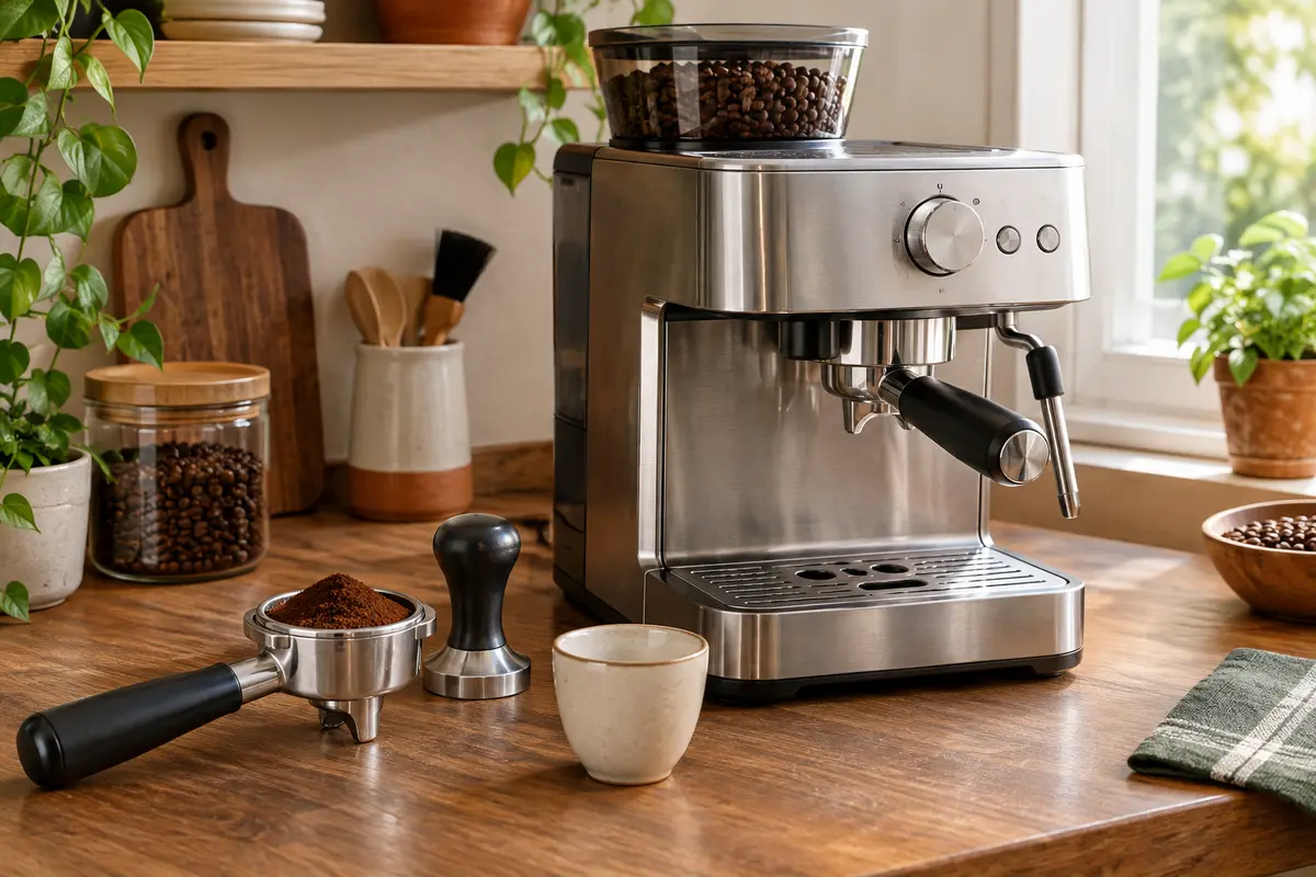Machine expresso semi-automatique avec broyeur, porte-filtre garni, tasseur et tasse sur un plan de travail.