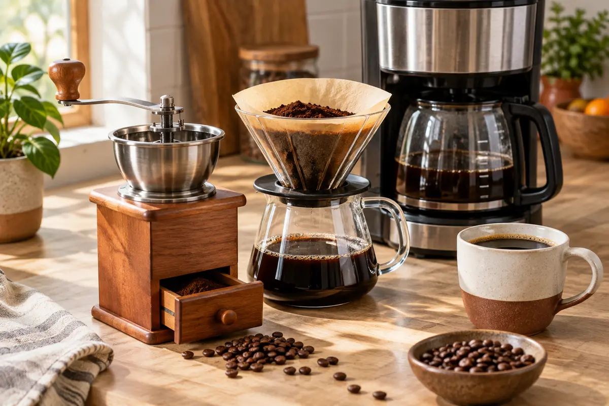 Moulin manuel, café moulu et cafetière filtre réunis pour illustrer le réglage de la mouture