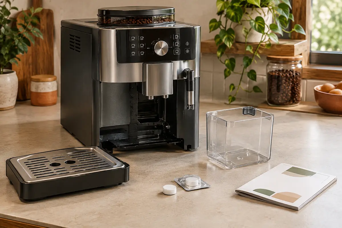 Machine expresso automatique et tablette de nettoyage posées sur un plan de travail clair