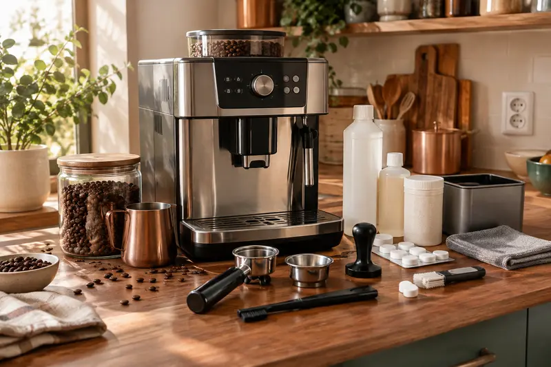 Machine à café à grain accompagnée de produits d’entretien et d’accessoires dédiés.