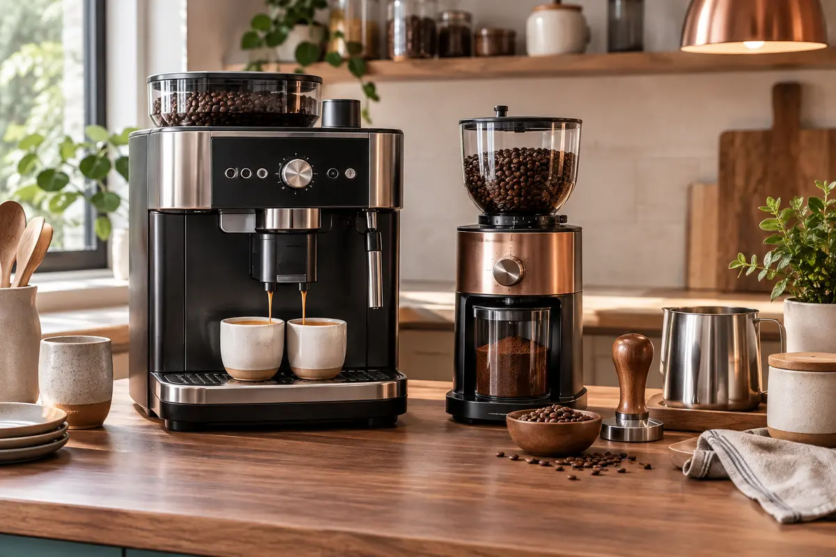 Machine expresso à grain, moulin et accessoires réunis pour évoquer le café fraîchement moulu.